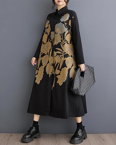 Image of ellazhu Womens Fall Casual Patchwork Funky Long Sleeve Designer Dress Loose Blouse GY2787 A