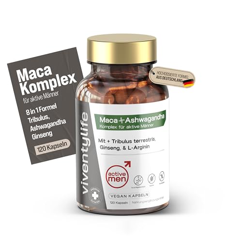 ViventyLife Active Men Maca Komplex für Männer TESTOSTERONSPIEGELS Kapseln mit Ashwagandha Tribulus Ginseng Zink L-Arginin Vitamin D & E 8 Aktive Inhaltsstoffe 120 Vegan Kapseln