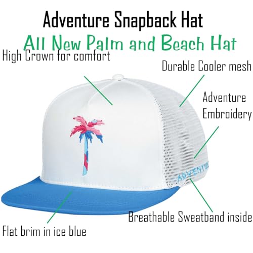 Image of EDTREK Adventure Snapback Hat - Surf Hat - Beach Hat - Hiking Trucker Hat - Flying High Hat (Palm - White)
