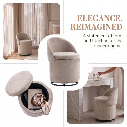 HNY Swivel Vanity Chair with Storage and Folding Back, Oatmeal - image 3