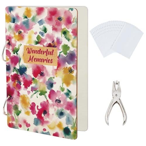 SUPERDANT Wonderful Memories Greeting Card Keeper Set Wooden Watercolor Flowers Card Organizer Suit Albums Binder Postcard Collection with 2-Ring and Punch for Birthday Wedding Gift 24x16cm