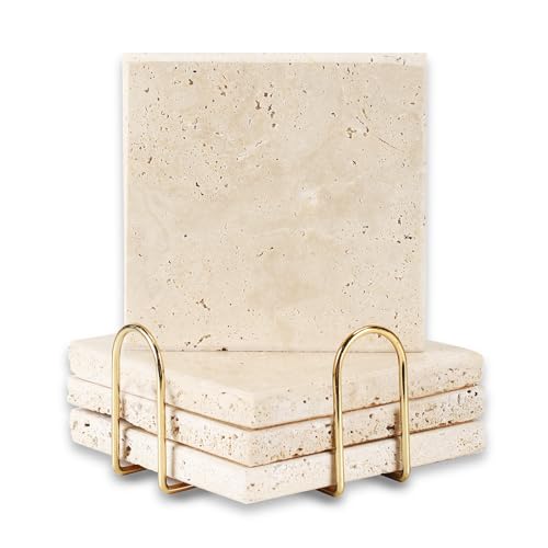 4pcs 4 Travertine Marble Coasters for Drinks Natural Coasters Set Square of Stone Drink with Gold Cup Holder Non Slip Cork Backing Protect Tables from Stains Scratches Housewarming Gift Wedding