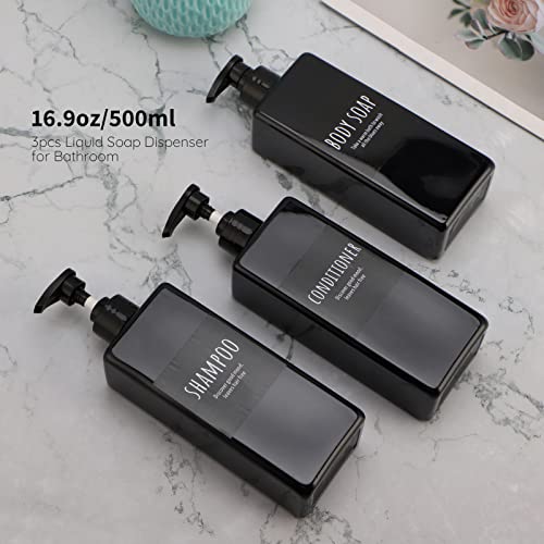 Image of Segbeauty Shampoo and Conditioner Dispenser Refillable, 3pcs 16.9oz Shower Bottles Soap Dispenser with Labels, 500ml Empty Plastic Square Pump Bottle Dispenser Body Wash Containers for Bathroom Black