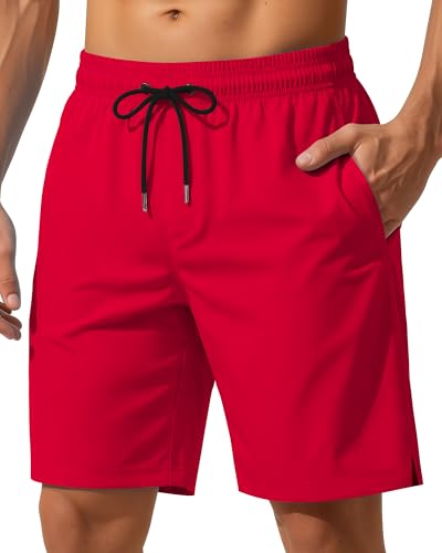 9 Inch Men Swim Trunks with Mesh no Compression Liner Quick Dry Swimwear Bikini Swimsuit Water Beach Short Florida Voyages Nassau Cosaster Trip Traje Bao para Ropa De Playa Hombre 7 10 Solid Red