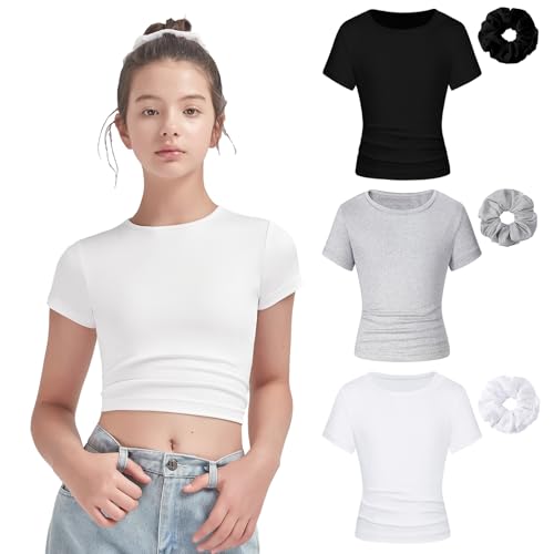 EXARUS 3 Pack Girls Cropped Slim Fit T Shirts Short Sleeve Soft Basic Crew/Mock/Square Neck Tees Side Waist Ruched Tops