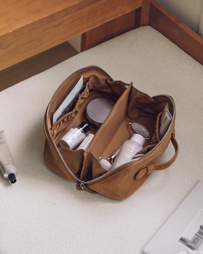 Image of EACHY Leather Makeup Bag, Portable 180 Wide-Open Flat Cosmetic Bag for Women, Large Capacity Make Up Organizer Makeup Pouch with Divider and Handle