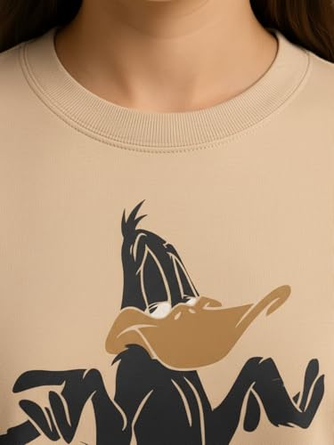 Image of HELLCAT Beige Printed Loose Fit Crew-Neck Crop T-Shirt for Women