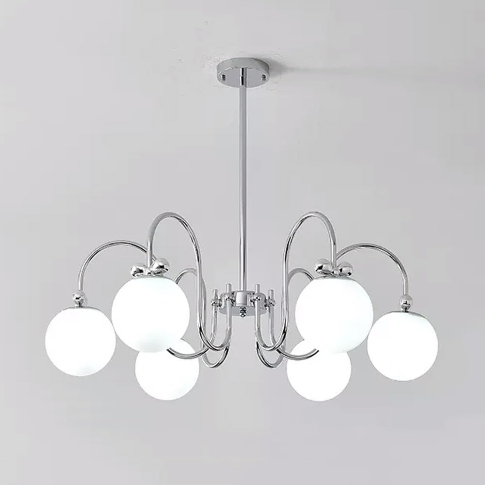 Lustre à 6 lumières en verre argenté et laiteux finition miroir haut de gamme