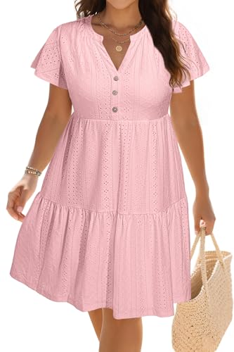 Image of Plus Size Summer Dress - Casual Sundress Beach Short Sleeve V Neck Tiered Button Up Boho Midi Flowy Sun Dresses Women