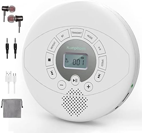 CD Player Portable, Rechargeable Portable Bluetooth CD Player, KUEPHOM CD Walkman with Headphones, Anti-Skip Disc CD Player for Car, Home, Travel with Built-in Speakers, Support USB AUX Input, White