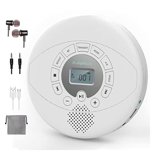 CD Player Portable, Rechargeable Portable Bluetooth CD Player, KUEPHOM CD Walkman with Headphones, Anti-Skip Disc CD Player for Car, Home, Travel with Built-in Speakers, Support USB AUX Input, White