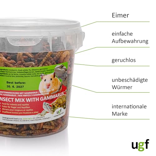 UGF - Insektenmischung mit Gammarus - 80g im 500 Milliliter Eimer, Igelfutter, Rennmausfutter, Hamsterfutter, Rattenfutter, Eidechsenfutter - Mehlwürmer, Soldatenfliegenlarven, Seidenraupen, Gammarus