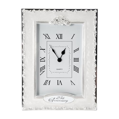 Image of Happy Homewares Traditional 25th Anniversary Clock in White Epoxy with Silver Plated Roses and Clear Diamante Crystals | Quartz Technology