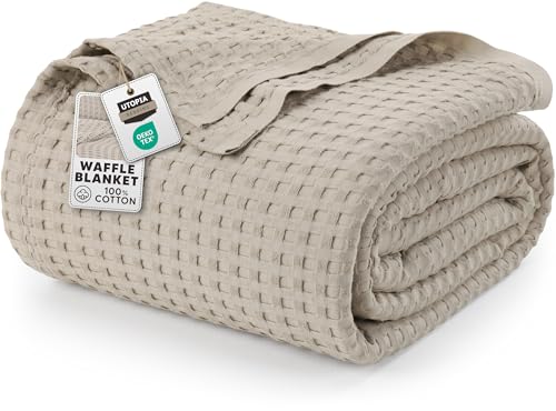 Utopia Bedding Cotton Waffle Blanket 300 GSM (Khaki - 228x182 cm) Soft Lightweight Breathable Bed Blanket Big Size Layering Any Bed for All Season