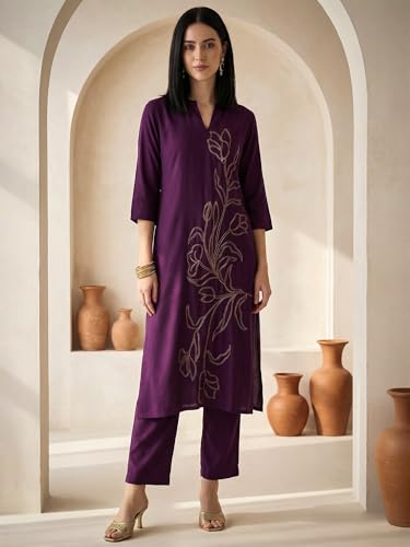 Image of INDO ERA Women's Viscose Rayon Floral Embroidered Straight Calf Length Kurta & Pant Set (IEAI12330)