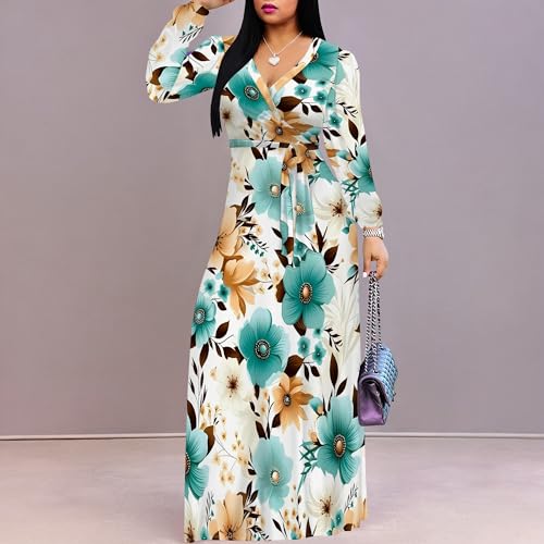 Image of Women's Maxi Dresses Plus Size Formal Long Sleeve Wrap Dress Winter Church Boho Bohemian Floral Wedding Guest