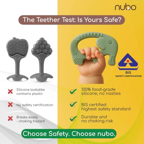 Image of Nubokind Silicone Baby Teether Ring Set | BIS Certified Multi-Textured Soft Newborn Chew Toy | for 3, 6, 9, 12 Months + BPA Free Teether | Molar Relief Easy Grip | Safe Made in India | Pack of 2