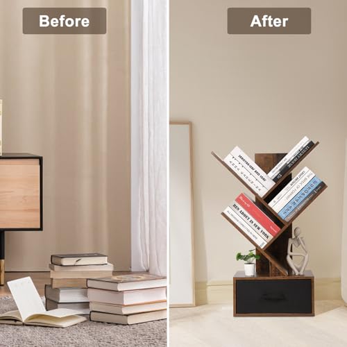 GlowSol Tree Bookshelf-4 Shelf Bookcase with Drawer, Free Standing Tree Bookcase, Utility Storage Rack for CDs Movies Book, Retro Book Storage Shelves for Living Room, Bedroom,Home, Office