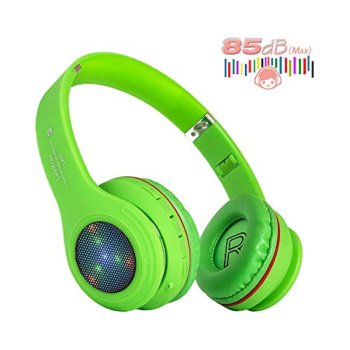 Kids Bluetooth Headphones,LED Light Up Wireless/Wired Headset,85 dB Volume Limiting Foldable Headphones,Built-in Mic,Support