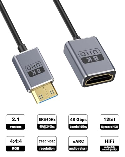 Cable Mini HDMI a HDMI 8K de 48Gbps con diseño en espiral coaxial flexible 2
