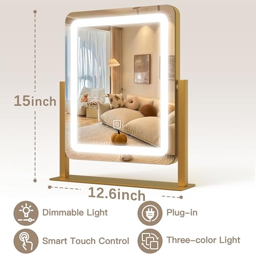 Vanity Mirror with Lights, 12.6"×15" LED Makeup Mirror, Lighted Makeup Mirror with Lights, Smart Touch Control Dimmable 3 Modes Light, Lighted Up Mirror for Makeup Desk, Gold