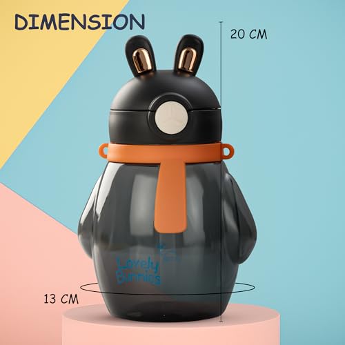 Image of Baybee Lovely Bunnies Kids Water Bottle 600ml | BPA Free & Leakproof Safe Sipper Bottle with Straw | Cute Rabbit Design Smooth Sipping with Handle & Neck Strap,Flip Lid for School Kids & Babys (Black)
