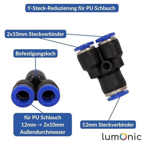 Distribuidor en Y reductor Lumonic de 12mm a 10mm para aire comprimido, conector push-in de 20 piezas 3