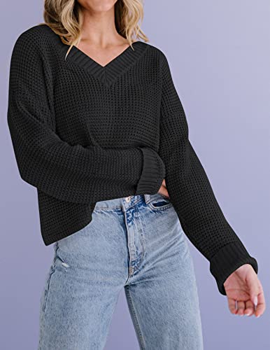 MIROL Women's Waffle Knit Cropped Top V Neck Long Sleeve Pullover Sweater Casual Solid Crop Sweatshirts Black
