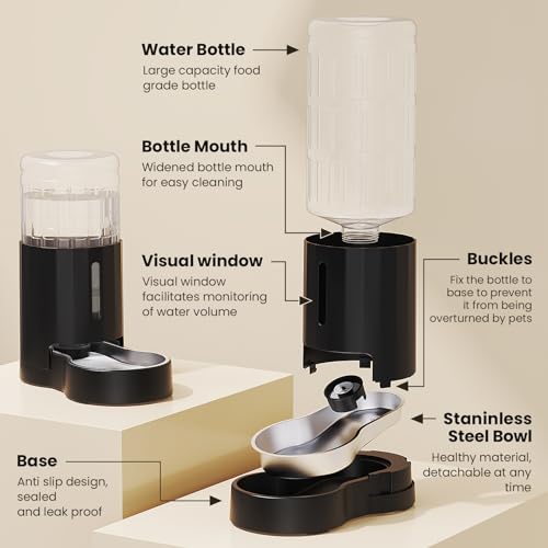 JUNSPOW 7L Edelstahl Haustier Wasserspender, große Kapazität Schwerkraft Haustier Tränke, Keine Elektrizität & Ultra-Silent Automatic Water Dispenser für große Hunde/Multi-Katzen-Haushalt, schwarz