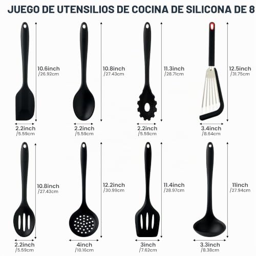 Miniatura 2 de Juego De Utensilios De Cocina De Silicona, 8 Piezas: Espátula, Volteador, Cuchara Para Servir, Cucharón Para Sopa, Cuchara Ranurada, Servidor De Pasta, Espumadera Y Espátula Para Pescado Negro