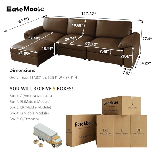 Image of EASE MOOSE Leather Sectional Couch, Oversized Modular Sectional Sofas, Vintage Wide Deep Seat Modular Couch, Scratch Resistant Faux Leather Material, L Shaped Sofa for Big Spaces,Deep Brown