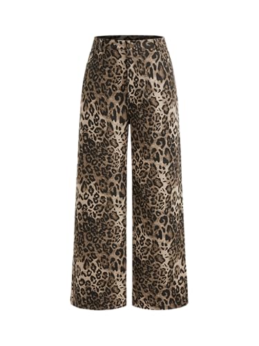 CIDER Denim Mid Waist Leopard Wide Leg Pants: Beige, XXS at Amazon