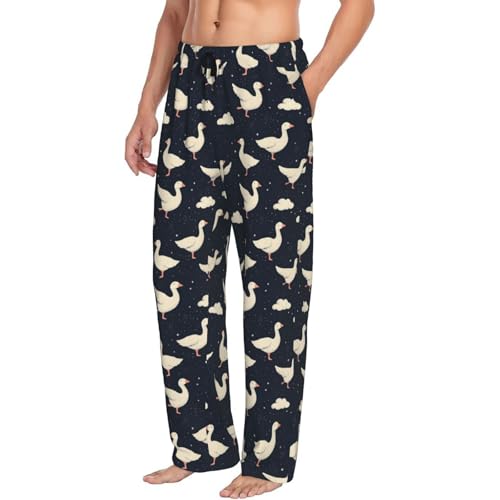Mens Pajama Pants - White Cute Goose Print Soft Sleep Lounge Pants For Men, Casual Pj Bottoms With Pockets
