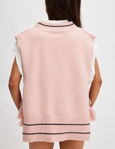 Image of Women's V Neck Sweater Vest Loose Knit Sleeveless Poncho Side Binding Fringe Pullover Tank Tops