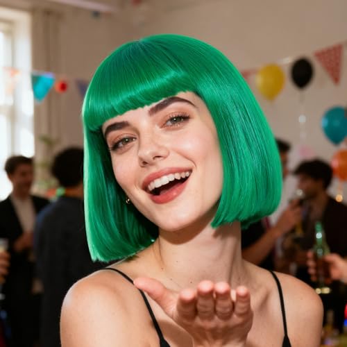 Image of ANOGOL Dark Green Bob Wig with Bangs Green Wigs for Women Colored Wigs | Hair Cap+Sunglasses Short Neon Wig for Bachelorette Party Funny Outfit for Women Halloween Christmas Costume St Patrick Day