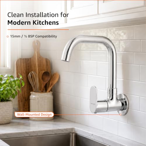 Image of Amazon Basics Rectangular Kitchen Faucet | Cold-Only Single Lever Sink Tap with 360 Degree Swivel Spout | Aerated Water Flow | 15mm / 1 /2 BSP | Kitchen Use [Chrome]