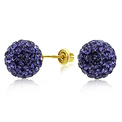 14K Yellow Gold Purple Crystal Ball Stud Earrings Screwback (Available 6mm, 8mm), 6