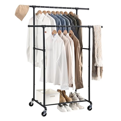 FOUCSSOMEI Heavy Duty Clothes Rack, Rolling Clothing Rack, Garment Rack with Wheels, Double Rod, Max 400Lbs, Black