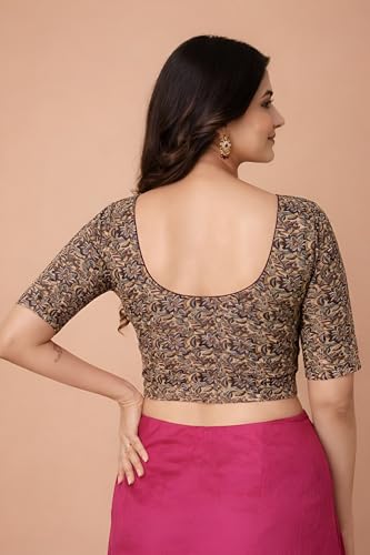 Image of Amazon Brand - Anarva Women's Kalamkari Print Cotton Stretchable Round Neck Readymade Saree Blouse