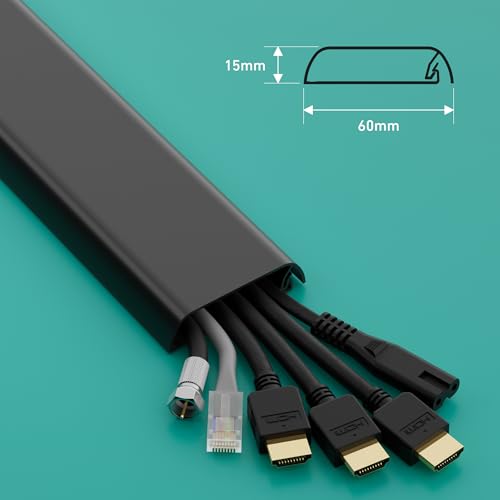 D-Line TV Kabelabdeckung, Kabel an der Wand verstecken, Selbstklebender Kabelverstecker, nahtloses, flaches Design – 60mm (B) x 15mm (H) x 40cm Länge – Schwarz