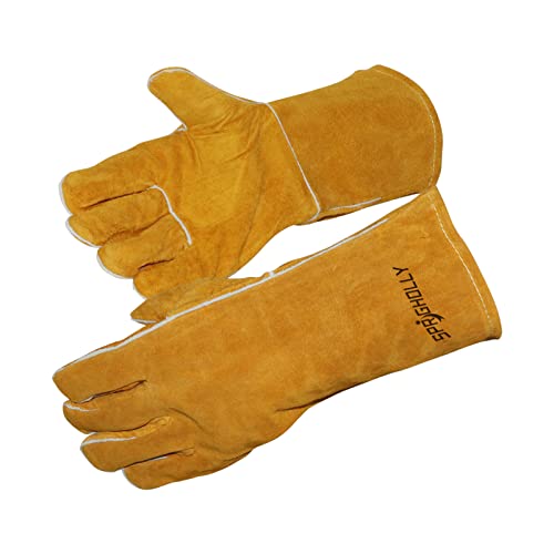 SPRIGHOLLY Gants de soudage Gants en cuir fendu de qualité supérieure de 14 pouces Gant de soudeur en cuir pour hommes avec coutures en Kevlar gants de travail extrêmement résistants à la chaleur Doré Cover