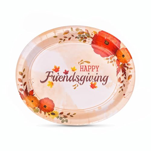 GFInYHM 50 Pack Friendsgiving Oval Paper Plates, Disposable Heavy Duty Serving Plates, Happy Friendsgiving Party Decorations