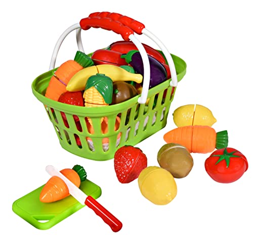 Playkidz Fruit and Vegetables Basket - Pretend Play Kitchen Food Educational Playset with Toy Knife, Cutting Board (32 Pieces of Fruit and Vegetable Toys)