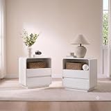 Modern Nightstand Set of 2 with Charging Station, Wood Bedside Table with 2 Drawers, Night Stands for Bedroom (White)