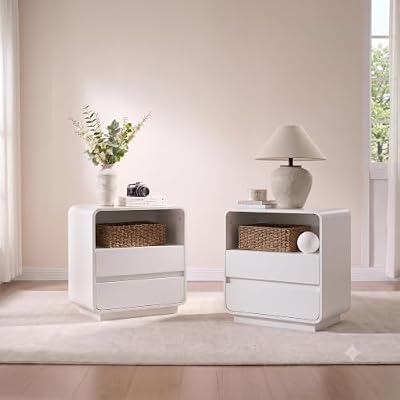 Modern Nightstand Set of 2 with Charging Station, Wood Bedside Table with 2 Drawers, Night Stands for Bedroom (White)