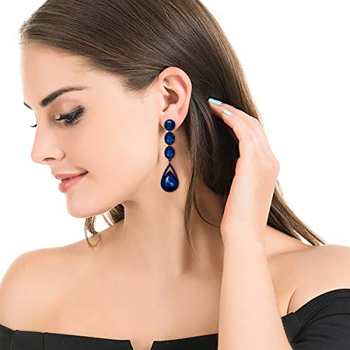 Flyonce Wedding Bridal Rhinestone Crystal Multi Teardrop Pierced Dangle Earrings Navy Blue Black-Tone - Image 4