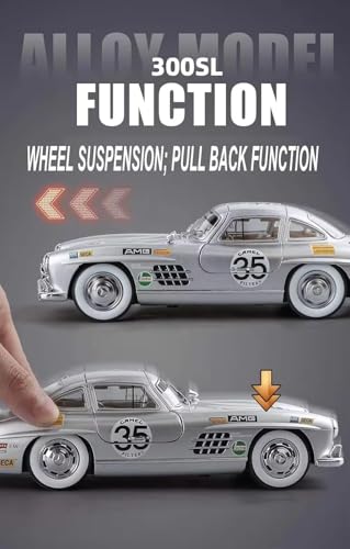 Image of Scale 1:24 Mercedees Benz 300SL Modified Alloy Diecast Pullback Metal Car Toy with Sound Light & Opening Doors - Best Gift Toy for Kids (1:24 Mercedees-Benz 300SL Modified - Silver)