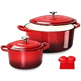 Enameled Cast Iron Dutch Oven Set with Lids, 2pcs Cast Iron Pot, 6QT & 1.5QT Enamel Cookware Pot, Re