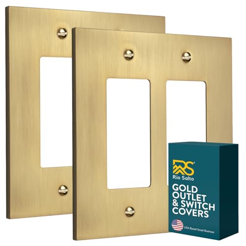 Rio Salto Gold 2 Light Switch Cover Double Rocker Paddle Switch Plate Outlet Cover, Brushed Gold Premium Metal — Forge Collection, Midsize 5.00" x 5.00