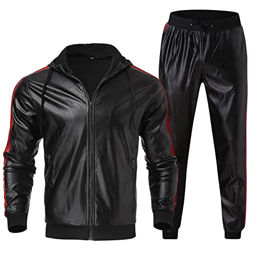 YHEGHT Terno masculino patchwork casaco de couro com capuz calças de couro duas peças PU terno espor
